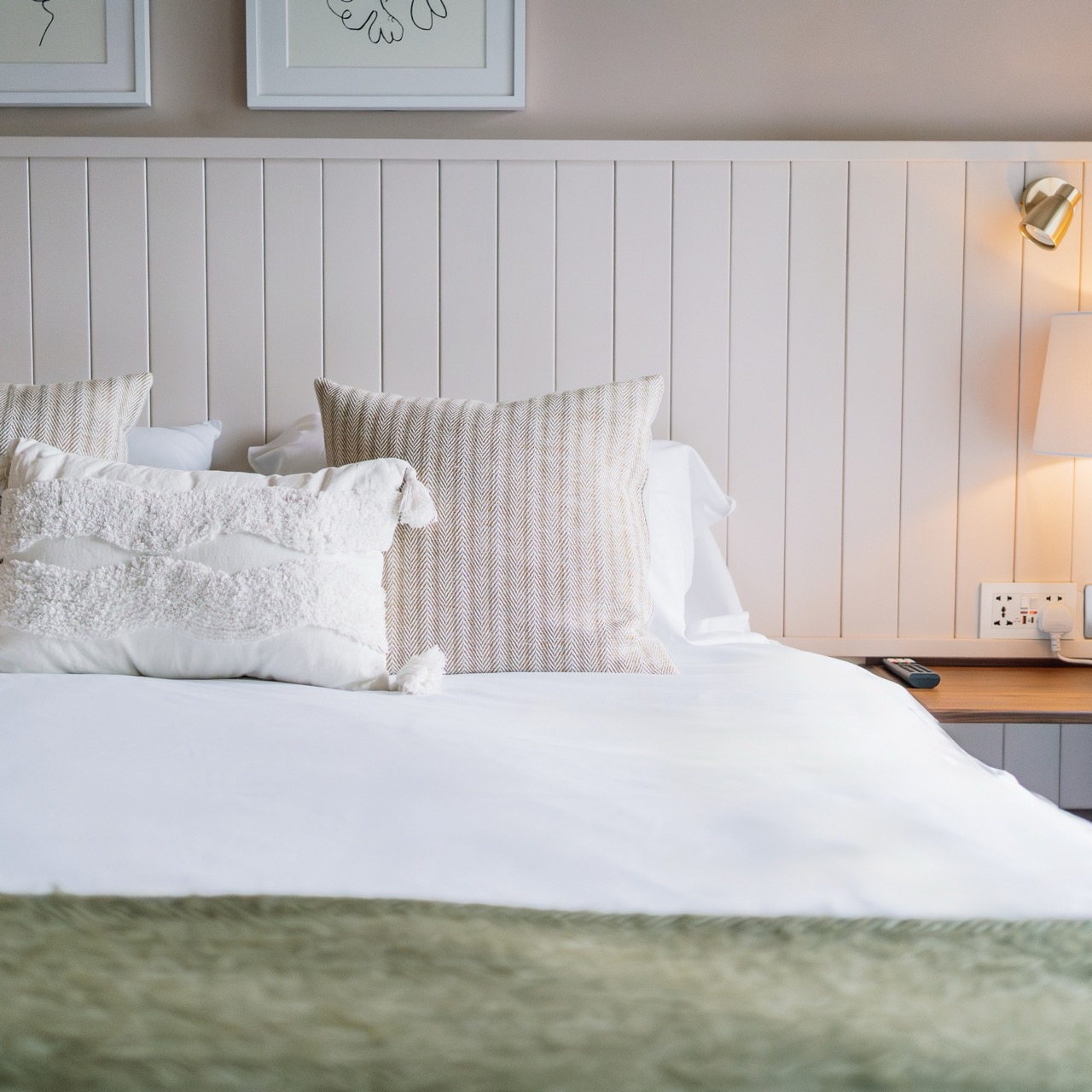 Pillows on a bed in a newly refurbished heirtage room in hatton court hotel