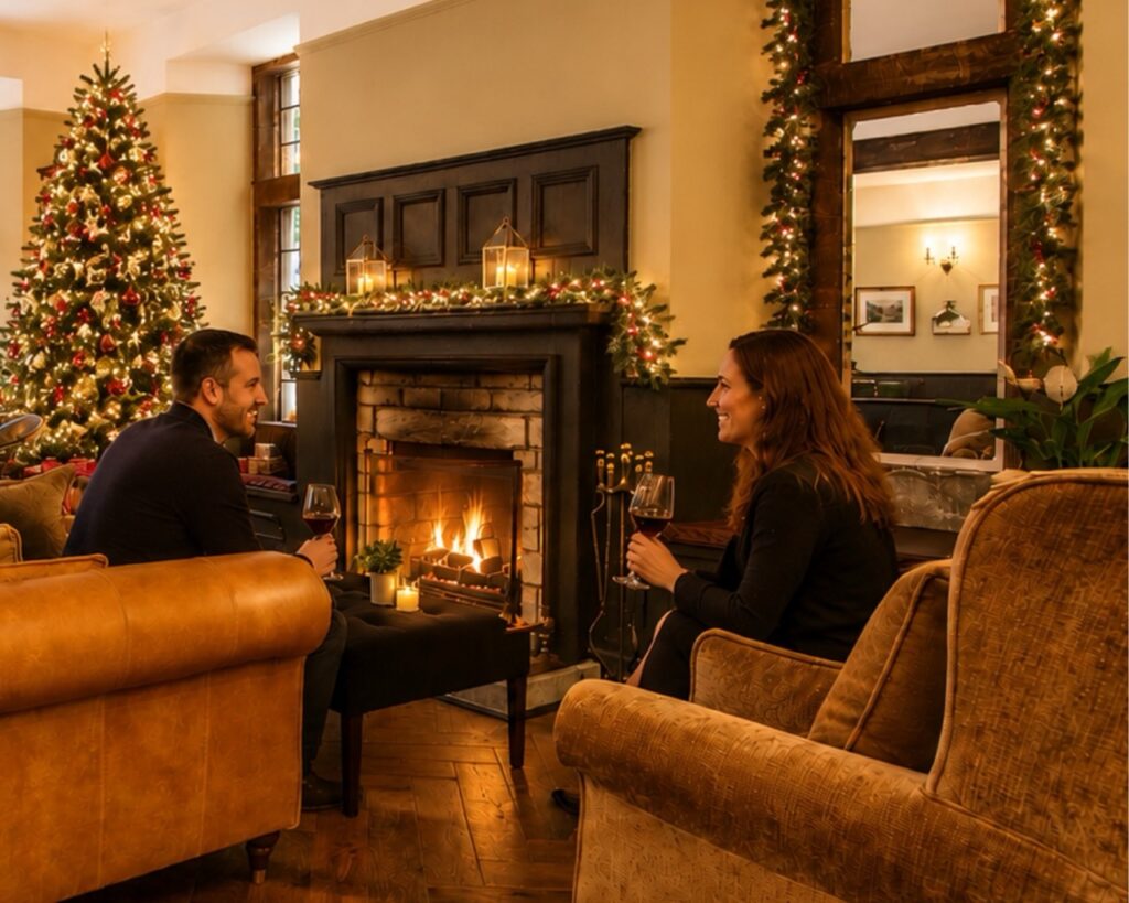 Young couples enjoying the lounge at hatton court hotel at christmas time