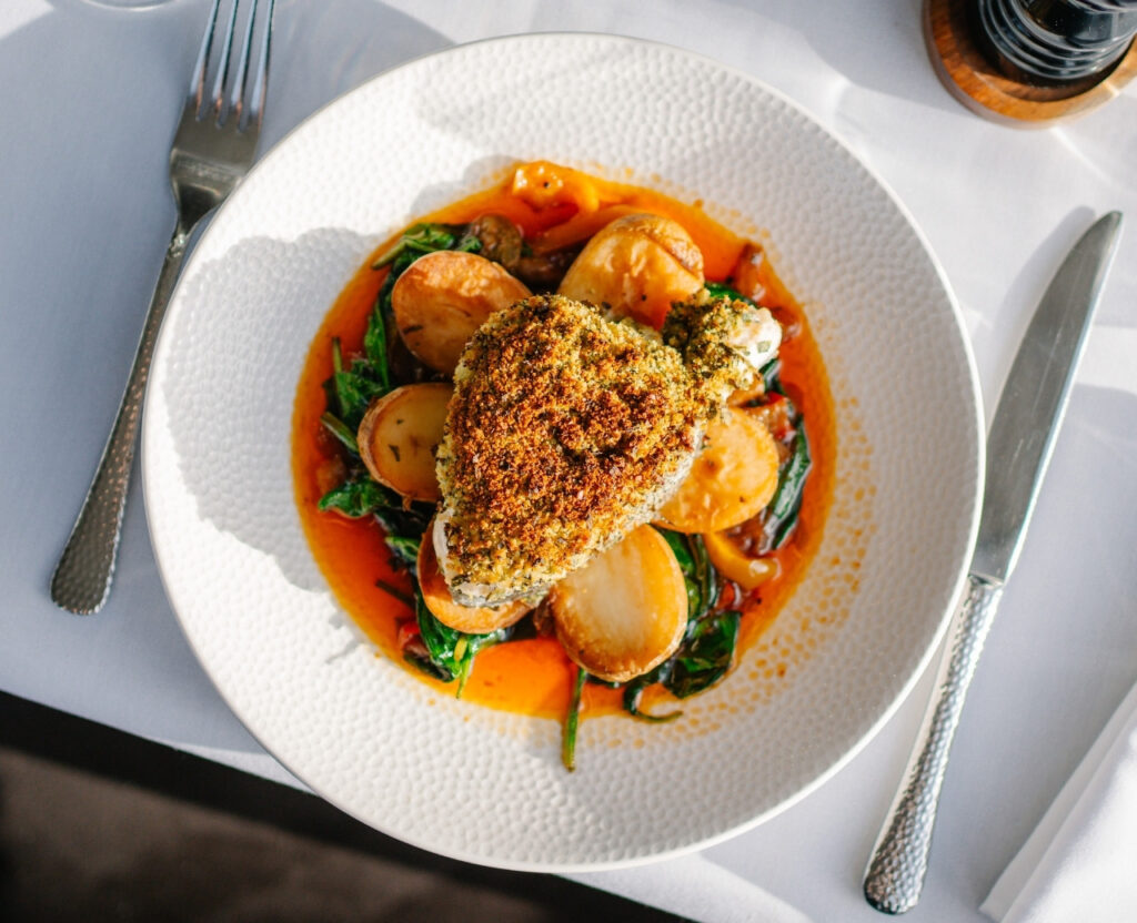 Sea food dish on a dining table in the tara restaurant at hatton court hotel