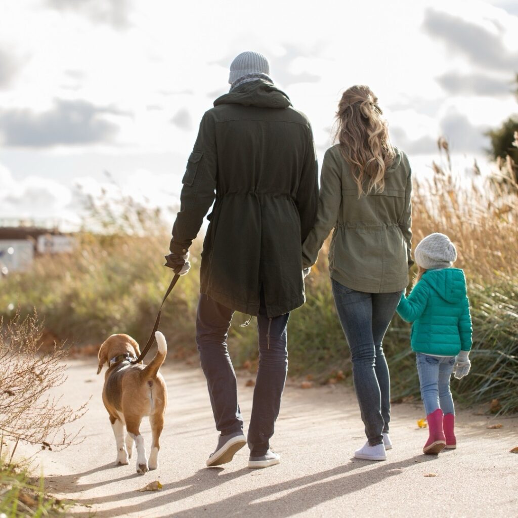 A young couple walking their dog and child at crickley hill country park