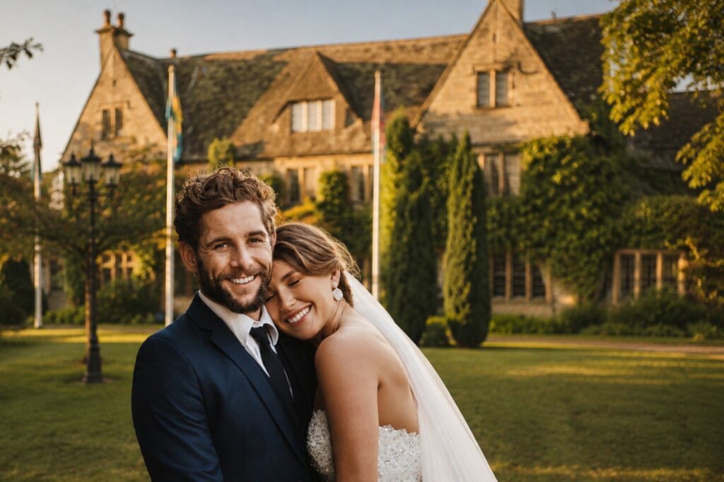 Young couple outside hatton court getting married