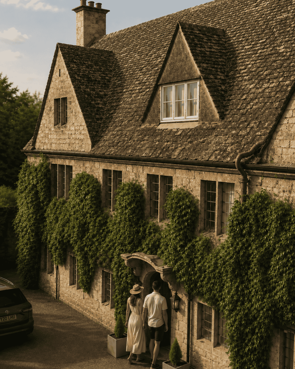 couple enjoying summer and entering the charming hatton court hotel
