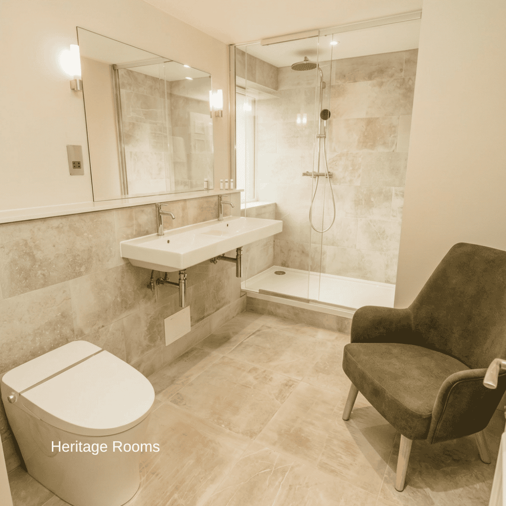 spacious walk in shower in heritage room hatton court hotel