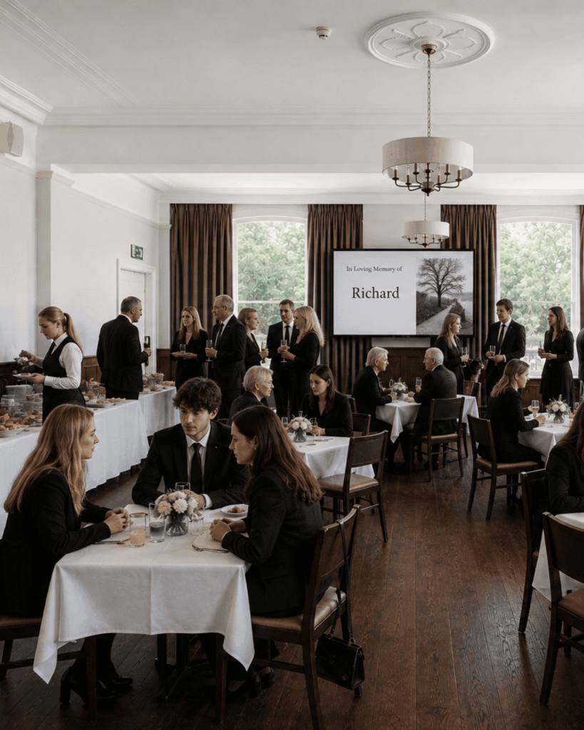wake party in the cotswold room hatton court hotel with guests and buffet table