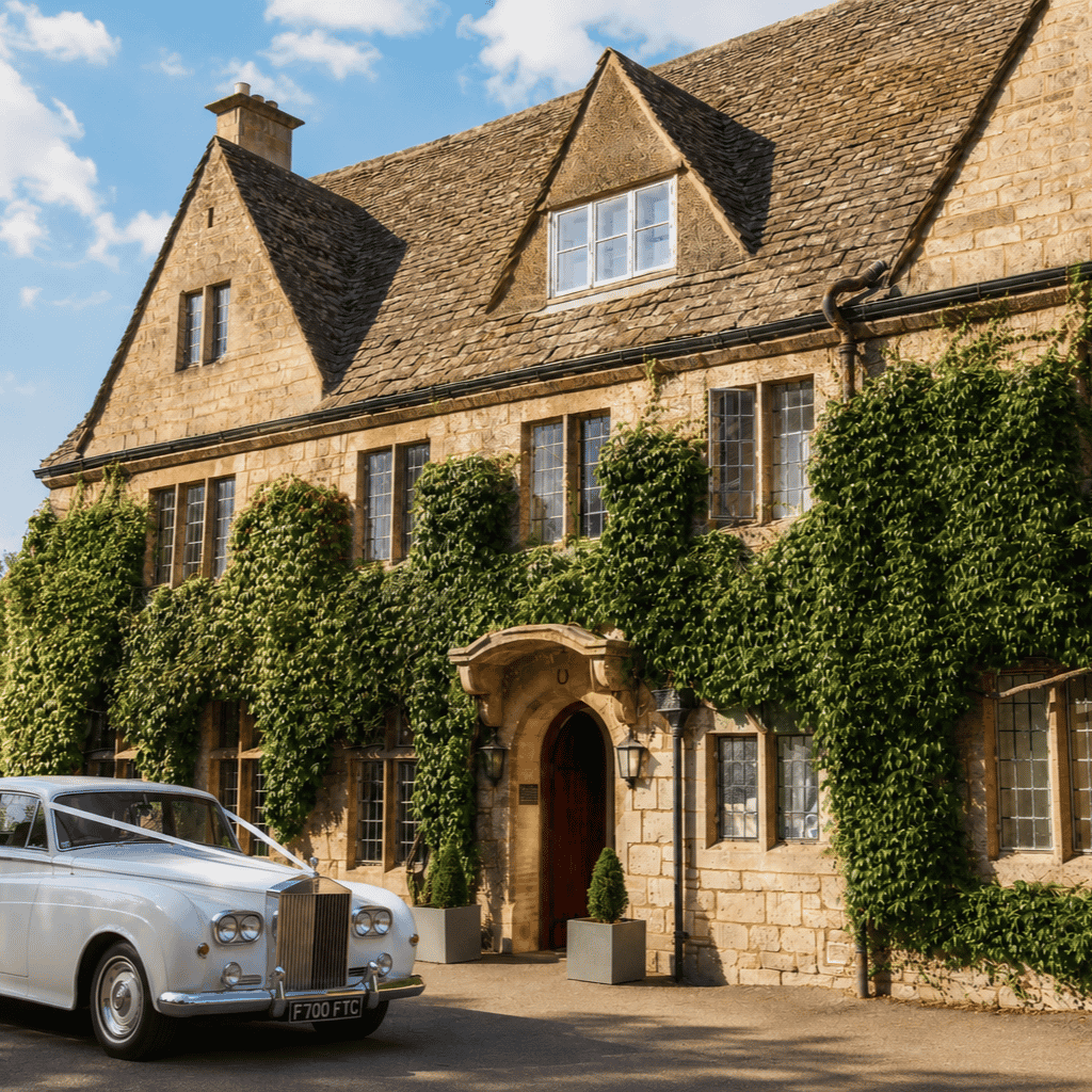 http://rolls%20royce%20parked%20outside%20hatton%20court%20hotel%20with%20wedding%20ribbons